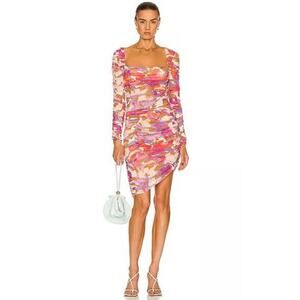 Nicholas Maleah Watercolor Floral Mesh Ruched Cocktail Dress 8 $395